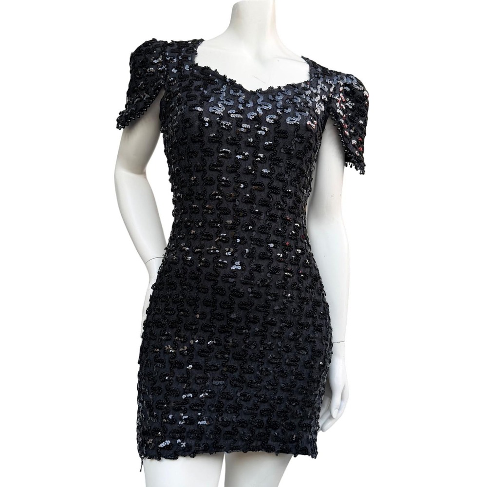 Vintage Black Sequin Mini Dress 90's Open Back Bead Trim Cocktail Party Luxury S